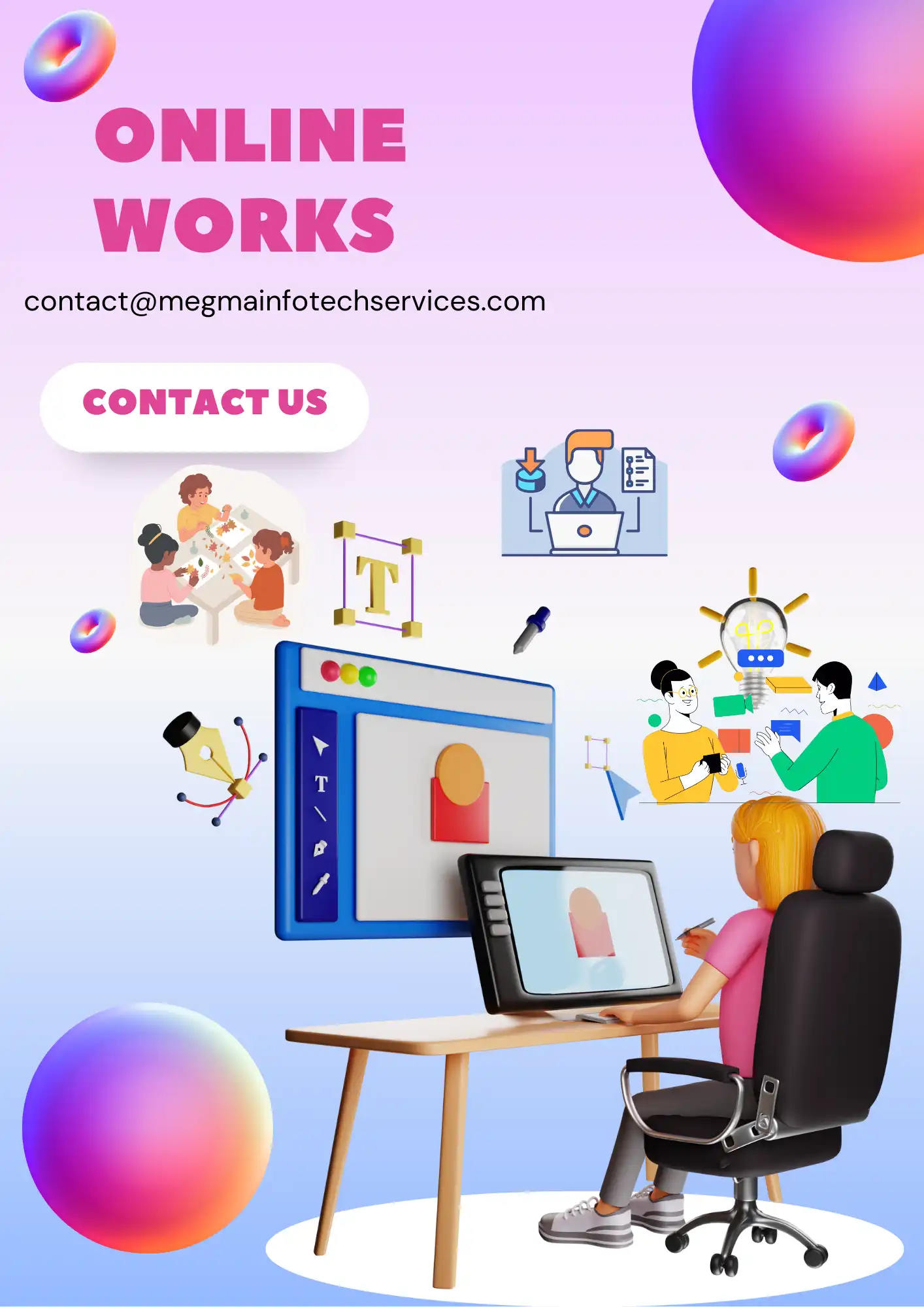 Online data entry works, Project works, Animation works, Video editing works